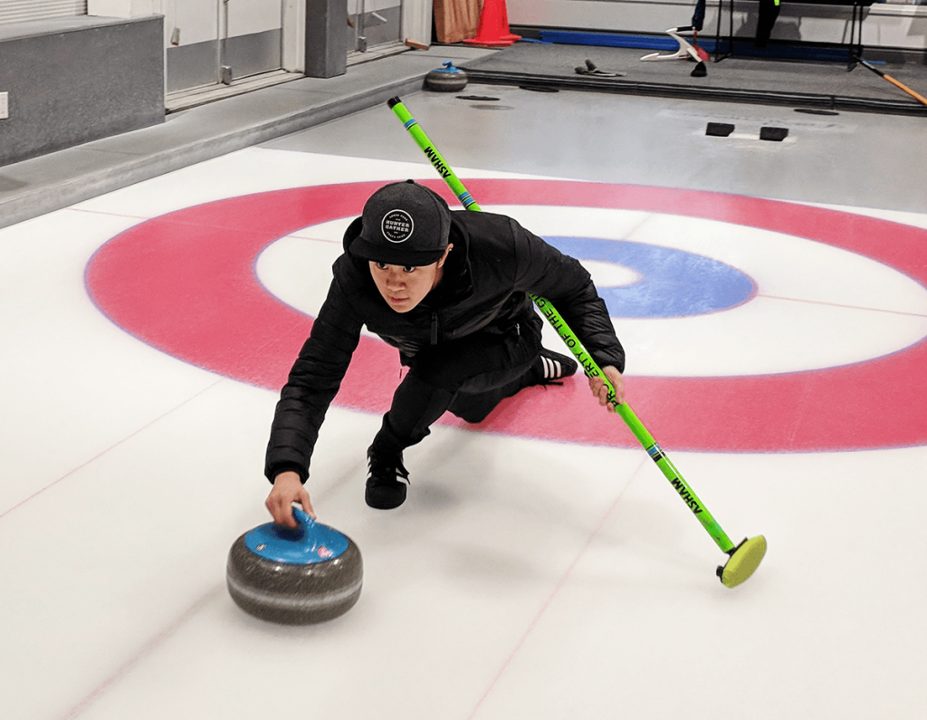 Team Chinese Taipei Trainee Heidi Lin demonstrating curling delivery